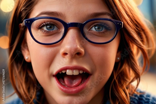 Cute young little girl with funny amused shocked face, wearing glasses