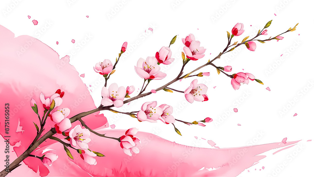 Fototapeta premium Minimalist Cherry Blossom Branch in Watercolor – A Serene Floral Illustration Perfect for Greeting Cards, Wall Art, and Stationery Designs