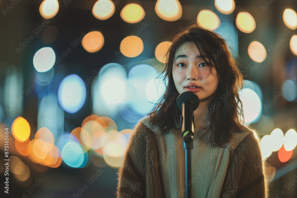 A young woman passionately sings into a microphone outdoors at night, with a backdrop of blurred city lights creating a captivating ambiance. A young woman passionately sings into a microphone outdoors at night, with a backdrop of blurred city lights creating a captivating ambiance.