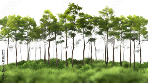 Landscape of trees in a green forest on a 3D transparent background. On a white background.