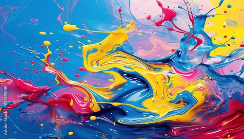 Abstract background with swirls of colorful liquid paint, including blue, yellow, pink, and red splashes creating unique patterns.