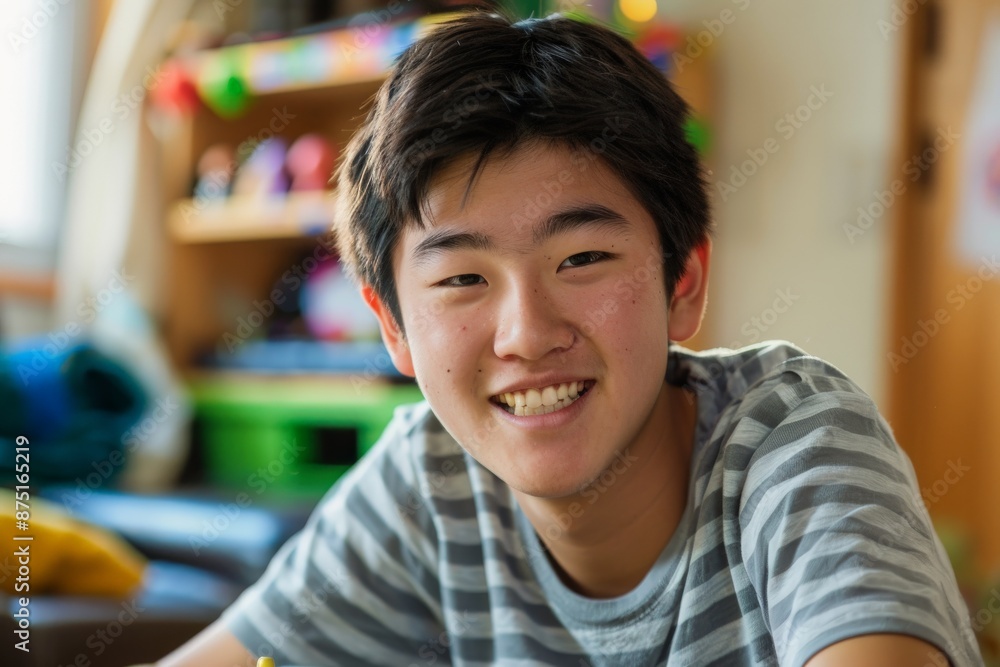 A smiling boy indoors, with shelves adorned with various toys in the background, suggesting a joyful and friendly home environment. A smiling boy indoors, with shelves adorned with various toys in the background, suggesting a joyful and friendly home environment.