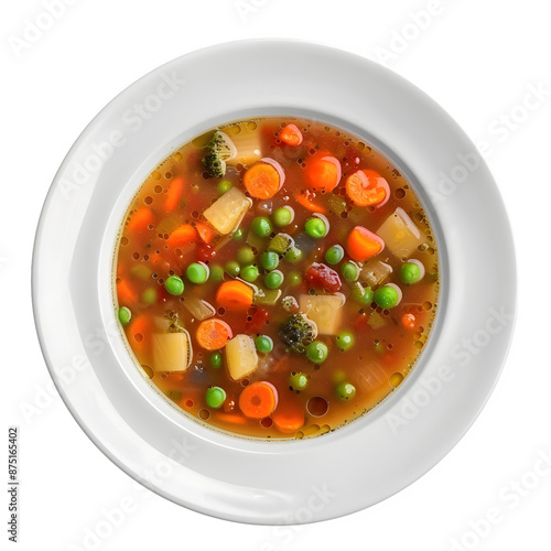 Overhead view of a hearty bowl of polish vegetable soup with carrots and peas