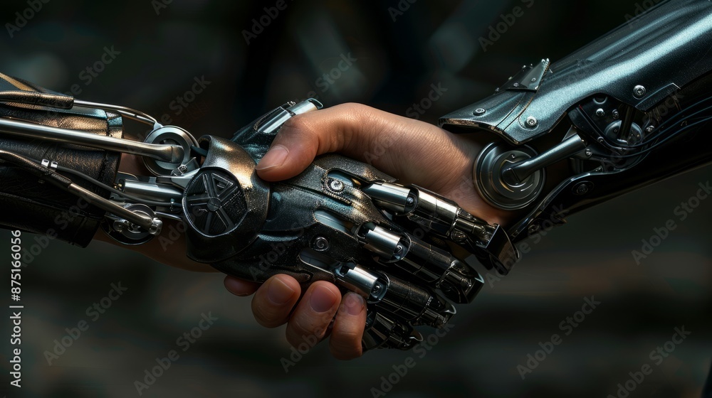 The progression of technology is symbolized by a peaceful handshake between a human and a robot, marking an era of camaraderie and equality with artificial intelligence. The progression of technology is symbolized by a peaceful handshake between a human and a robot, marking an era of camaraderie and equality with artificial intelligence.
