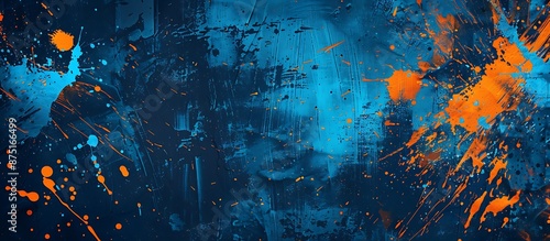 Abstract art with blue and orange tones, featuring grunge texture and paint splashes on a dark background.