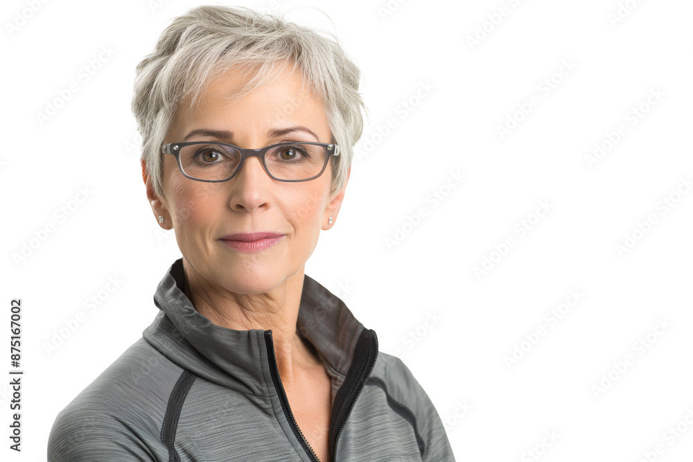 Confident Mature Woman in Grey Jacket and Glasses Confident Mature Woman in Grey Jacket and Glasses