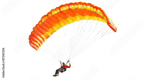 Photograph of people jumping with parachutes on a white background