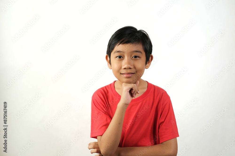 A young boy in a red shirt poses with a thoughtful expression, hand on chin, against a plain white background. Ideal for educational, inspirational, or promotional materials A young boy in a red shirt poses with a thoughtful expression, hand on chin, against a plain white background. Ideal for educational, inspirational, or promotional materials