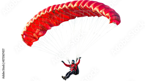 Photograph of people jumping with parachutes on a white background
