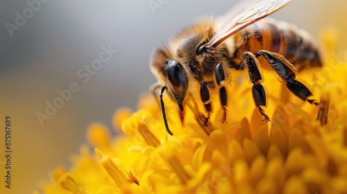 A focused close-up view of a bee on a yellow flower, dedicatedly gathering nectar. The image captures the fine details of the bee's structure and the flower's texture. photo