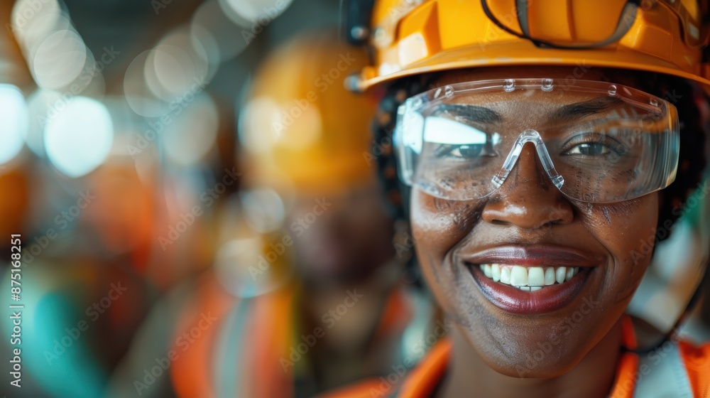 A construction worker wearing safety helmet and orange vest stands at a worksite, with a blurred background filled with other workers and construction activity. A construction worker wearing safety helmet and orange vest stands at a worksite, with a blurred background filled with other workers and construction activity.