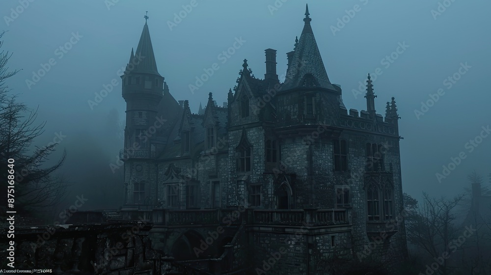 Obraz premium Spooky old gothic castle, foggy night, haunted mansion