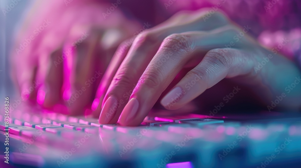 Detailed close-up of fingers on a sleek keyboard bathed in soft pink light, emphasizing the modern digital work environment and the nuances of keystrokes. Detailed close-up of fingers on a sleek keyboard bathed in soft pink light, emphasizing the modern digital work environment and the nuances of keystrokes.