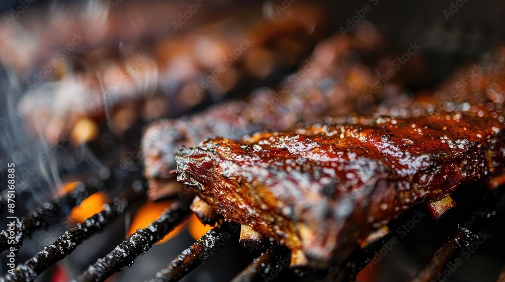 Succulent barbecue ribs cooking over open flames on a grill, showcasing a mouth-watering caramelized finish, ready to be enjoyed in a delicious meal. Succulent barbecue ribs cooking over open flames on a grill, showcasing a mouth-watering caramelized finish, ready to be enjoyed in a delicious meal.