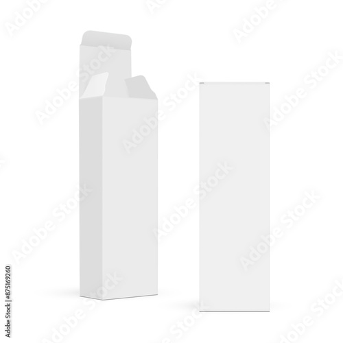 Tall Packaging Box, Opened And Closed Lid, Side View, Isolated On White Background. Vector Illustration