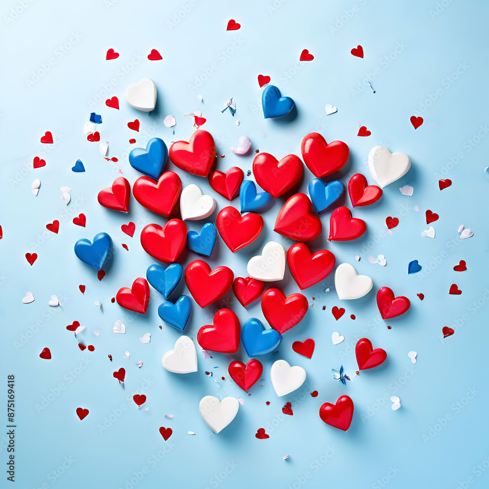 Party concept for celebrating Bastille Day on July 14th. Top view arrangement of hearts in patriotic colors, confetti on light blue background
Party concept for celebrating Bastille Day on July 14th. Top view arrangement of hearts in patriotic colors, confetti on light blue background