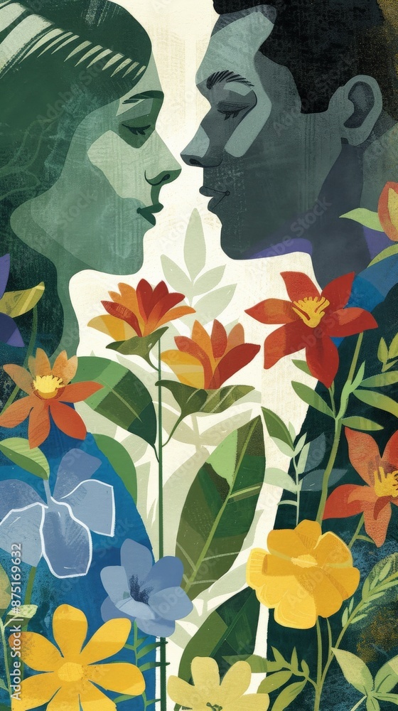 A couple gazes into each other's eyes, surrounded by a vibrant floral garden A couple gazes into each other's eyes, surrounded by a vibrant floral garden