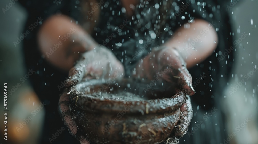 Fototapeta premium A close-up photograph of hands shaping a clay pot, with water droplets adding a dynamic element, capturing the essence of craftsmanship, creativity, and artistic expression.