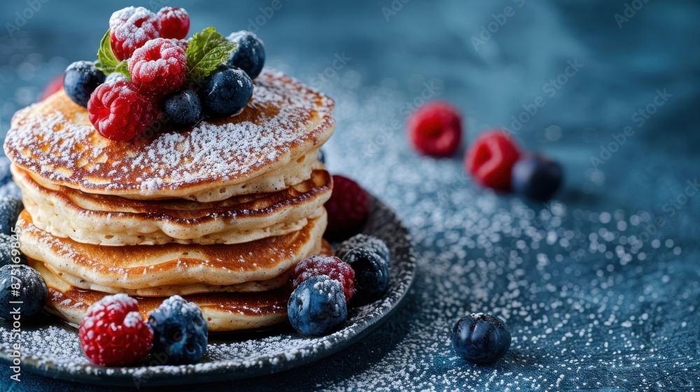 A tower of fluffy pancakes adorned with raspberries, blueberries, and a dusting of powdered sugar, served on a dark textured backdrop for a dramatic look. A tower of fluffy pancakes adorned with raspberries, blueberries, and a dusting of powdered sugar, served on a dark textured backdrop for a dramatic look.
