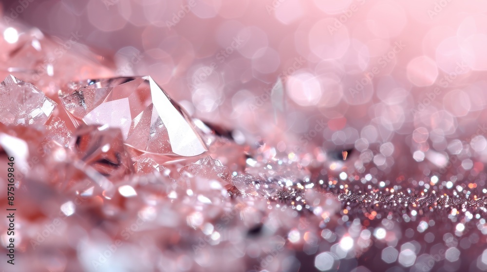 A detailed close-up of various sparkling pink and clear gemstones arranged together, showcasing their facets and brilliance. Set against a blurred, twinkling background. A detailed close-up of various sparkling pink and clear gemstones arranged together, showcasing their facets and brilliance. Set against a blurred, twinkling background.