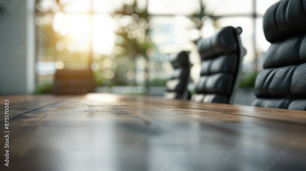 Spacious conference room with a large wooden table and high-back black leather chairs. Bright morning light filters through expansive windows, creating a professional ambiance. Spacious conference room with a large wooden table and high-back black leather chairs. Bright morning light filters through expansive windows, creating a professional ambiance.
