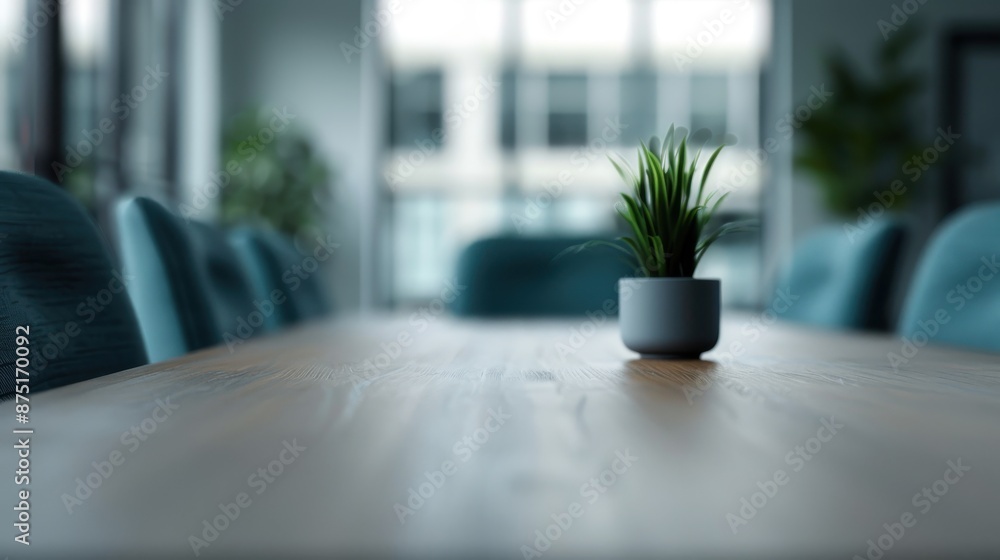 A minimalist conference room with a wooden table, comfortable blue chairs, and a small potted plant in the center, creating a refreshing yet professional workspace with ample natural light. A minimalist conference room with a wooden table, comfortable blue chairs, and a small potted plant in the center, creating a refreshing yet professional workspace with ample natural light.
