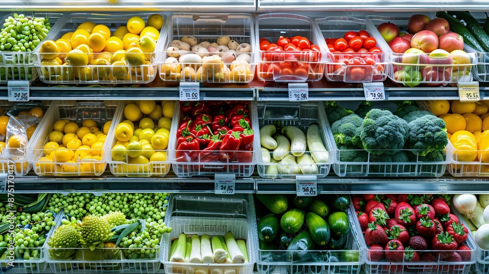 Fruits and vegetables in the refrigerator in the supermarket. Healthy food. Fruits and vegetables in the refrigerator in the supermarket. Healthy food.