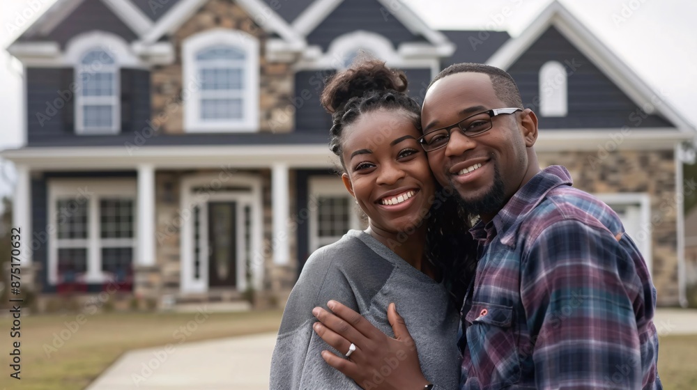 Portrait of happy young couple standing in front of their new home.