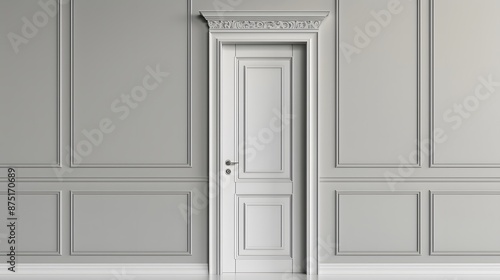 Elegant white door with gray wainscoting.