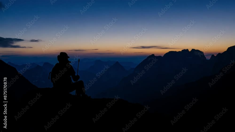 Hiker resting lying on a rock in the mountain Hiker resting lying on a rock in the mountain