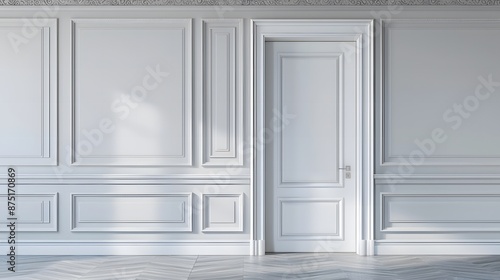 White door with classic molding in an empty room.