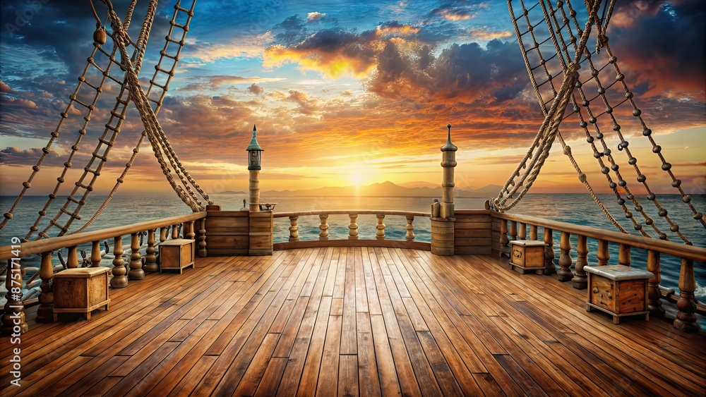 Naklejka premium Empty pirate ship deck stage background , theater, theater stage, pirate ship, deck, background, empty, wood, nautical