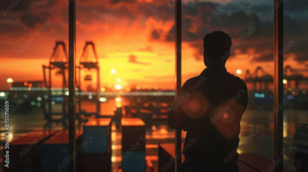 Silhouette of a man observing a vibrant sunset over a busy port, reflecting on the day's end with industrial cranes in the background. Media Decor Silhouette of a man observing a vibrant sunset over a busy port, reflecting on the day's end with industrial cranes in the background. Media Decor
