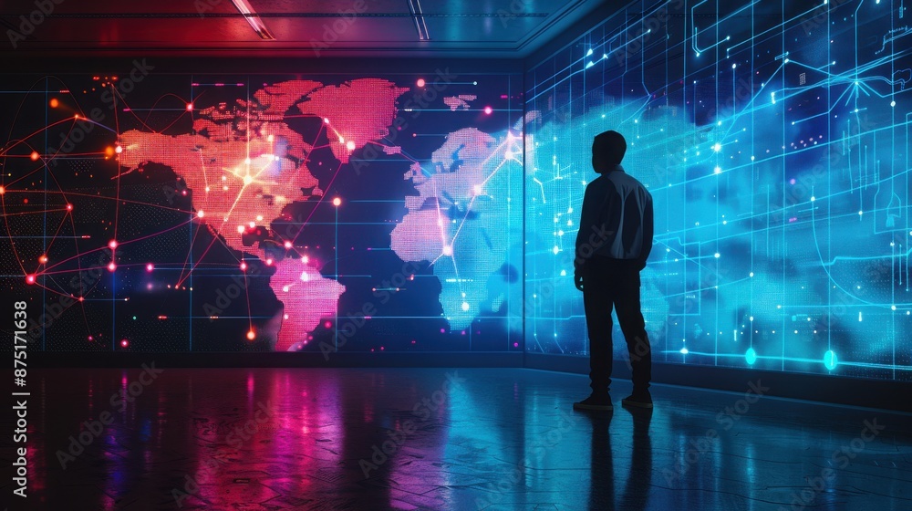 Silhouette of a man standing in a futuristic room with digital world map, representing global technology and data connections. Media Decor Silhouette of a man standing in a futuristic room with digital world map, representing global technology and data connections. Media Decor