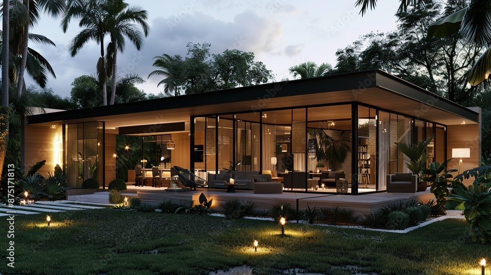 Fototapeta premium Modern Glass House with Outdoor Seating Area Illuminated by Candlelight and Surrounded by Lush Greenery