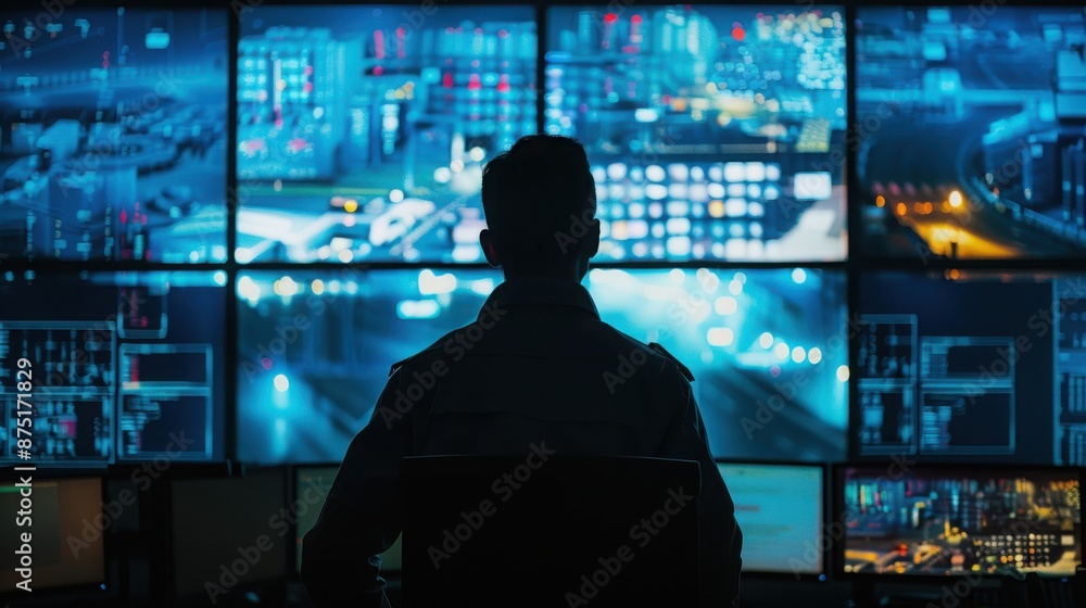 Silhouette of a person monitoring multiple screens with cityscape data and surveillance information in a high-tech control room. Media Decor Silhouette of a person monitoring multiple screens with cityscape data and surveillance information in a high-tech control room. Media Decor
