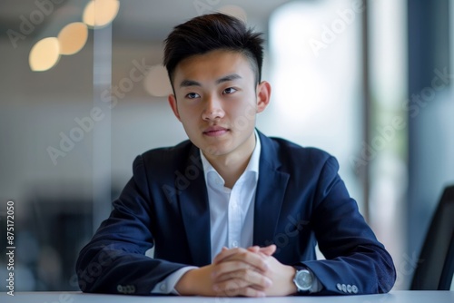 A young businessman in a navy blazer attentively listens during a meeting in a boardroom setting, epitomizing business dynamics, focus, and concentration in a professional setting. photo