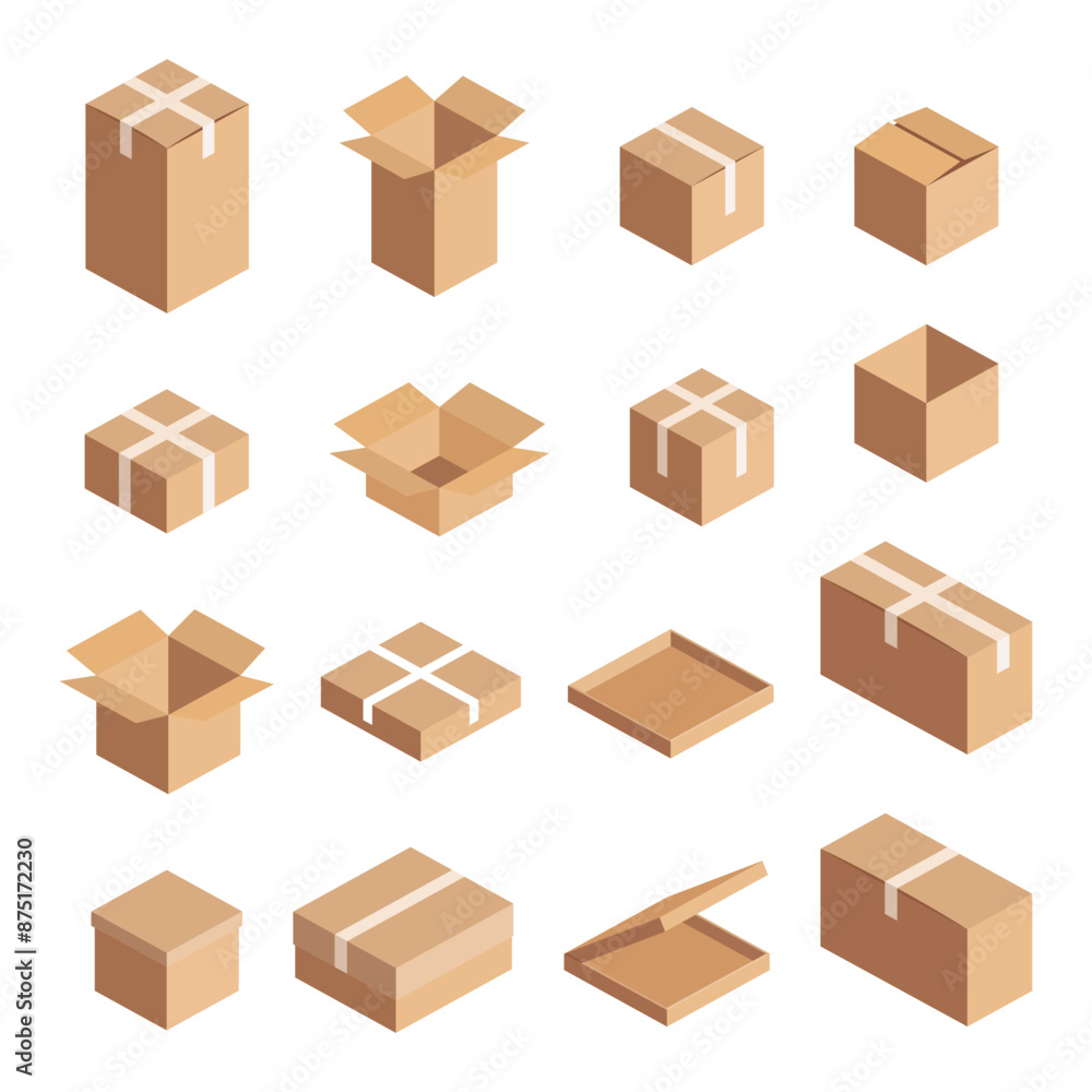 Carton box icon. Square box. Flat box set. Carton box icon. Square box. Flat box set.