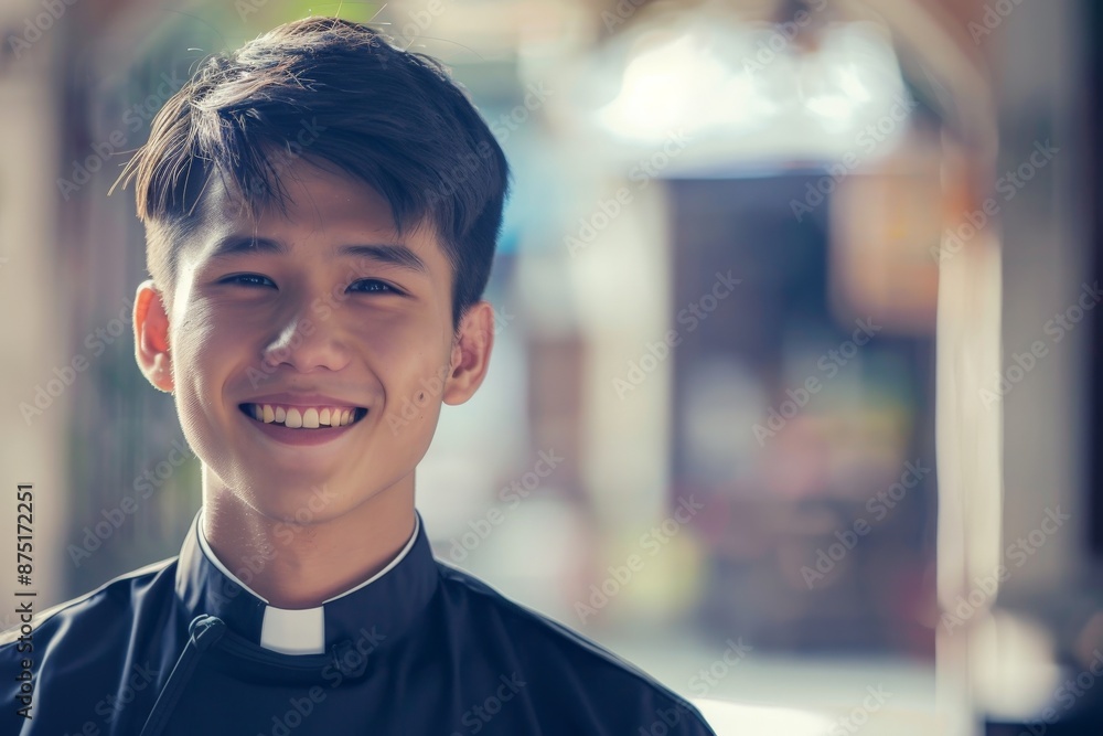 A young priest in traditional black clergy attire smiles warmly inside a well-lit church, conveying friendliness and a welcoming atmosphere with a soft background blur. A young priest in traditional black clergy attire smiles warmly inside a well-lit church, conveying friendliness and a welcoming atmosphere with a soft background blur.