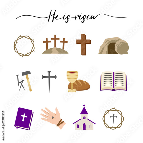 Easter set. Religion icons set. He is risen icons set. Flat style.