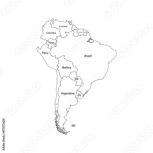 South America map. Set from selected countries. Line style.