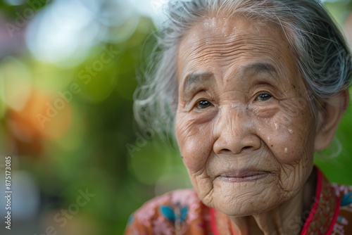 A close-up image of an elderly woman with a wise and serene expression on her face, sitting outdoors. Her gray hair and traditional outfit highlight her graceful poise and timeless beauty.