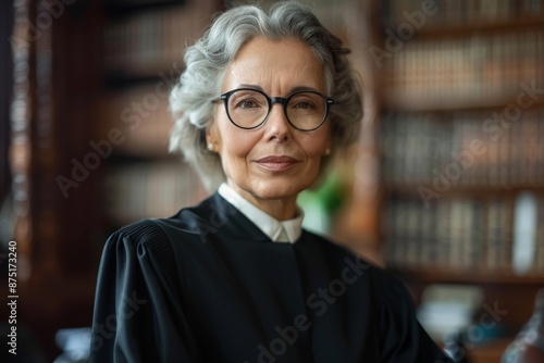 A confident elderly woman with gray hair and glasses is seen wearing a judicial robe, reflecting authority, experience, and wisdom, set in a professional library environment. photo