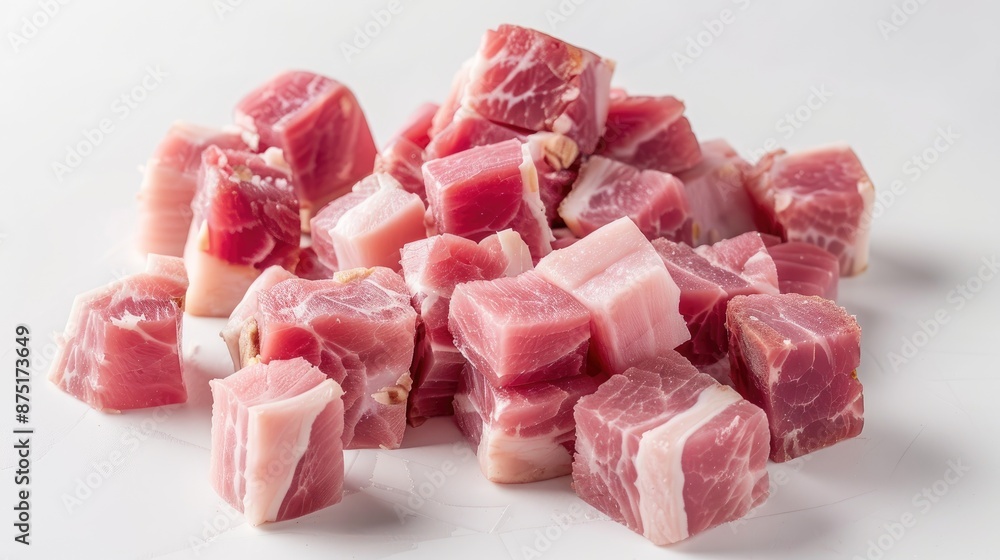 A pile of raw pork cubes on a white background, showcasing fresh, marbled, pink meat perfect for cooking and recipes. A pile of raw pork cubes on a white background, showcasing fresh, marbled, pink meat perfect for cooking and recipes.