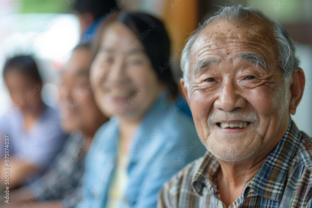 A senior man with gray hair smiles warmly at the camera, with family members blurred and interacting in the background, depicting familial warmth and happiness. A senior man with gray hair smiles warmly at the camera, with family members blurred and interacting in the background, depicting familial warmth and happiness.