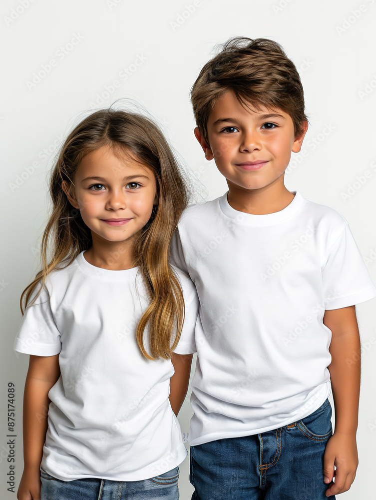 Two Smiling kids- A Boy and a Girl in White Short Sleeve Round Neck T-Shirts Mockup Two Smiling kids- A Boy and a Girl in White Short Sleeve Round Neck T-Shirts Mockup