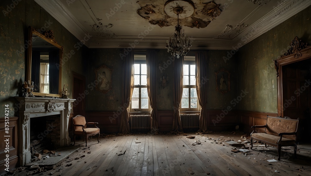 Fototapeta premium The creaking floorboards and faded portraits of an abandoned mansion, a silent witness to bygone extravagance ai_generated