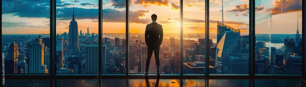 Businessman overlooking city skyline at sunset from high-rise office, symbolizing success, ambition, and future vision. Businessman overlooking city skyline at sunset from high-rise office, symbolizing success, ambition, and future vision.