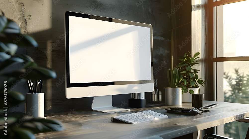 A modern office features a white-screen computer mockup and accessories arranged on a table. A modern office features a white-screen computer mockup and accessories arranged on a table.