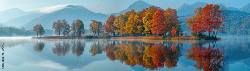 Tranquil autumn lake with vibrant foliage and mountains in the background, reflecting in the calm water under a clear blue sky. Tranquil autumn lake with vibrant foliage and mountains in the background, reflecting in the calm water under a clear blue sky.